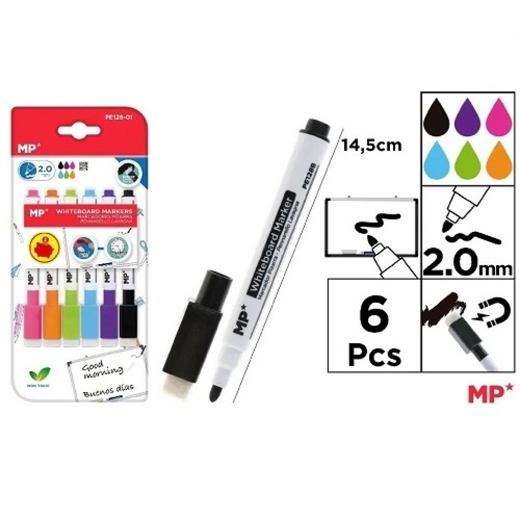 Marcador pizarra main paper 6 col. c/borrador individual PE128-01C